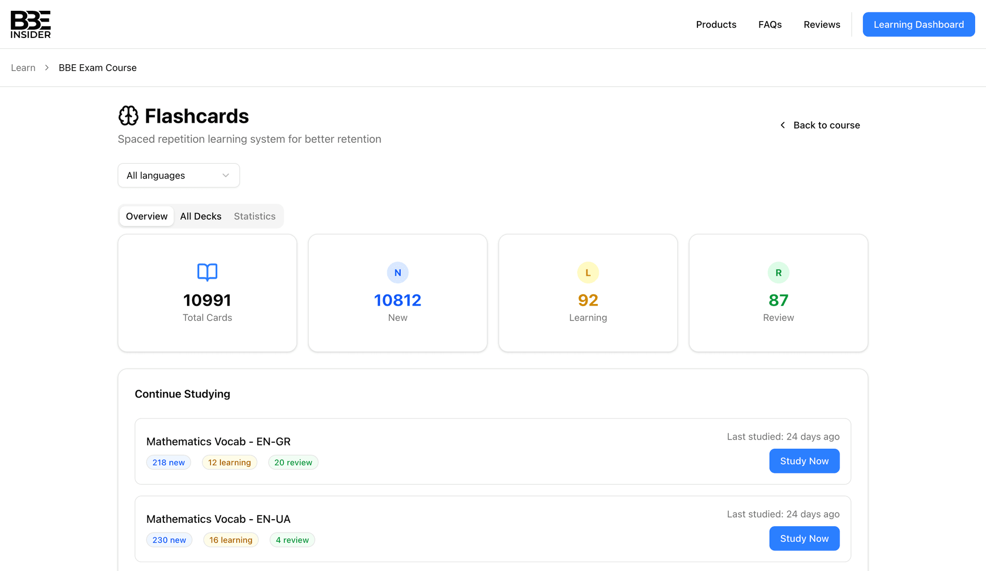 List of courses on the learning dashboard